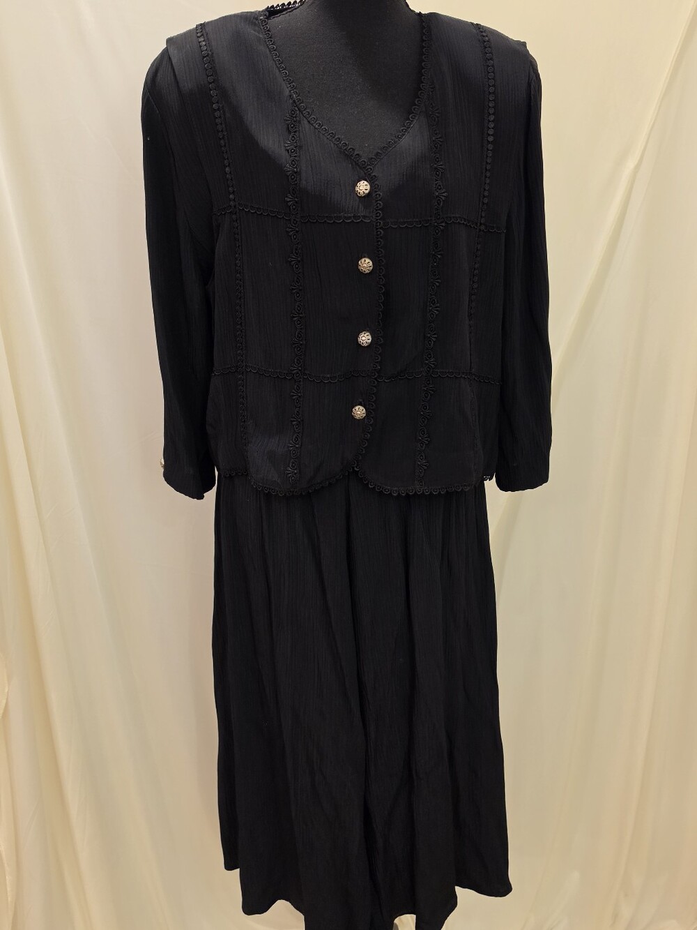 VTG 90s S.L. Petites Black Faux Vest Midi Dress Size 16 Modest Academia Goth